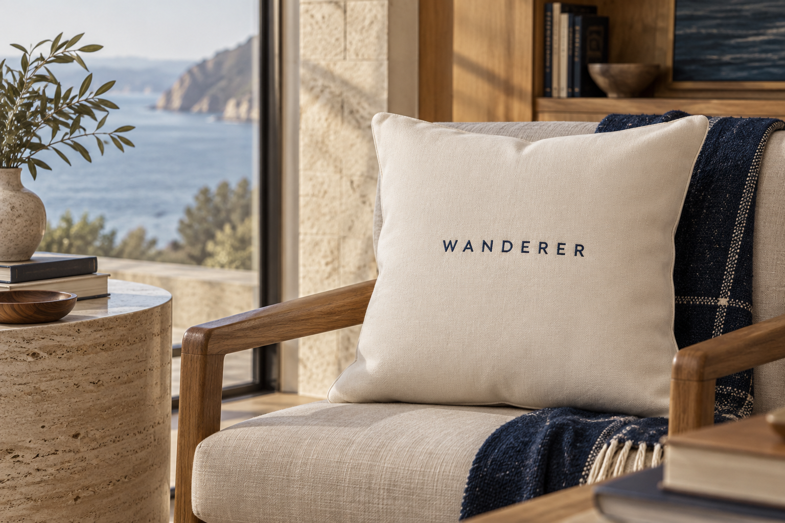 Ivory canvas WANDERER throw pillow in a refined hotel lounge