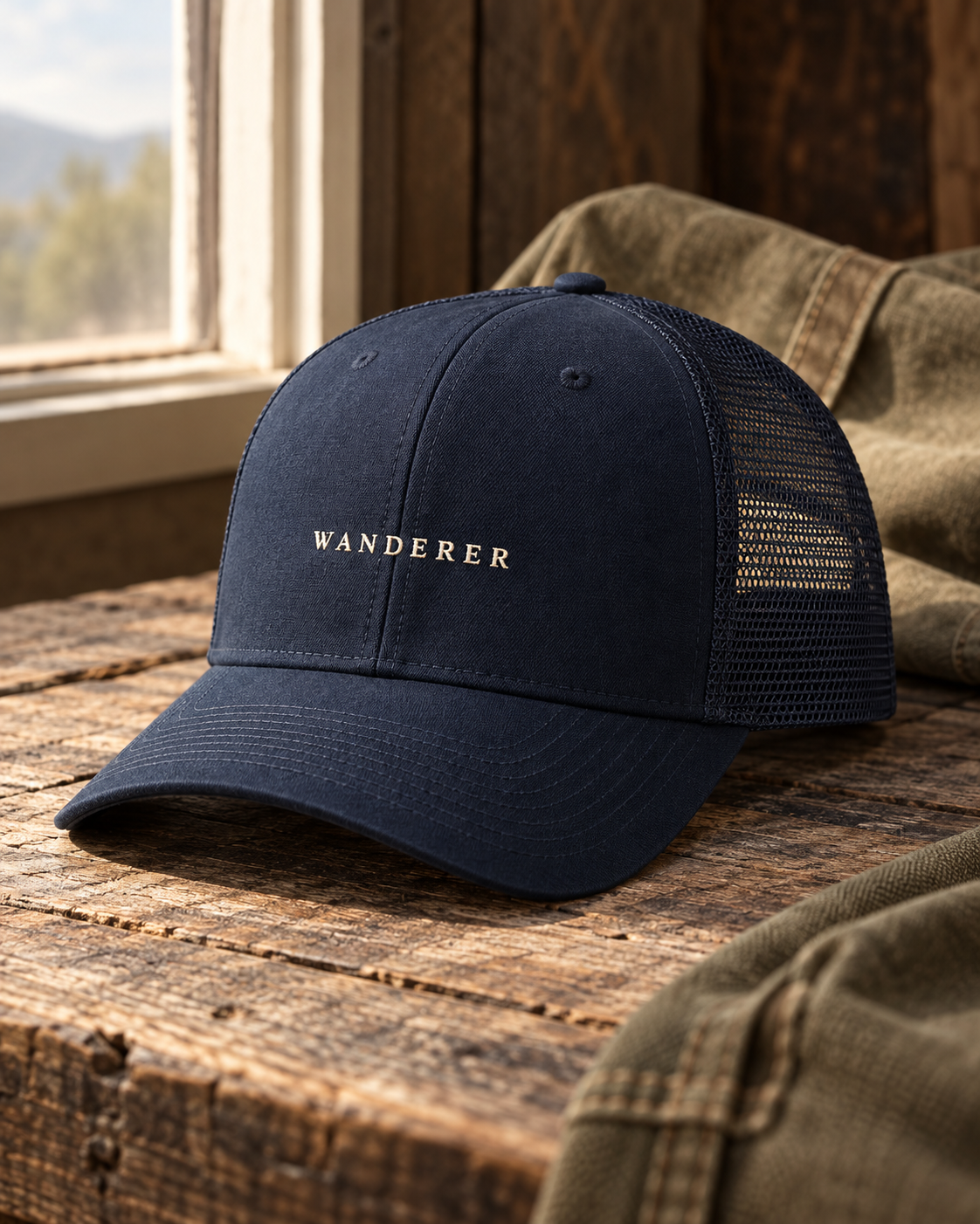 Concept image of a navy embroidered Wanderer Trucker Cap